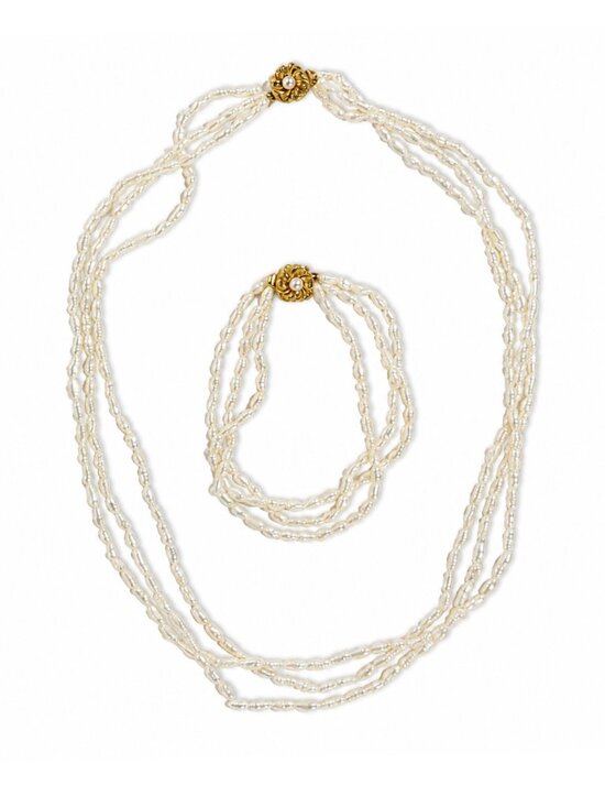 vintag Jewelry - 3 Strand Freshwater Pearl Necklace & Bracelet Set White Pink Luster